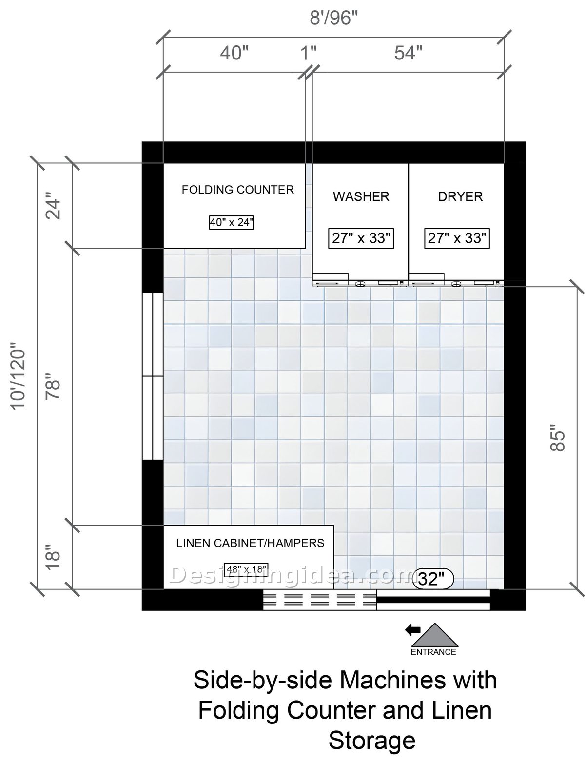 8x10 laundry room layouts side by side machines with folding counter and linen storage