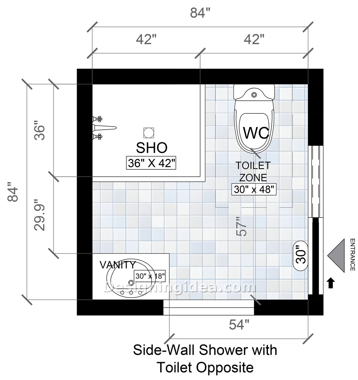A shower located along the side wall with the toilet in the opposite part of the room and a vanity in the corner