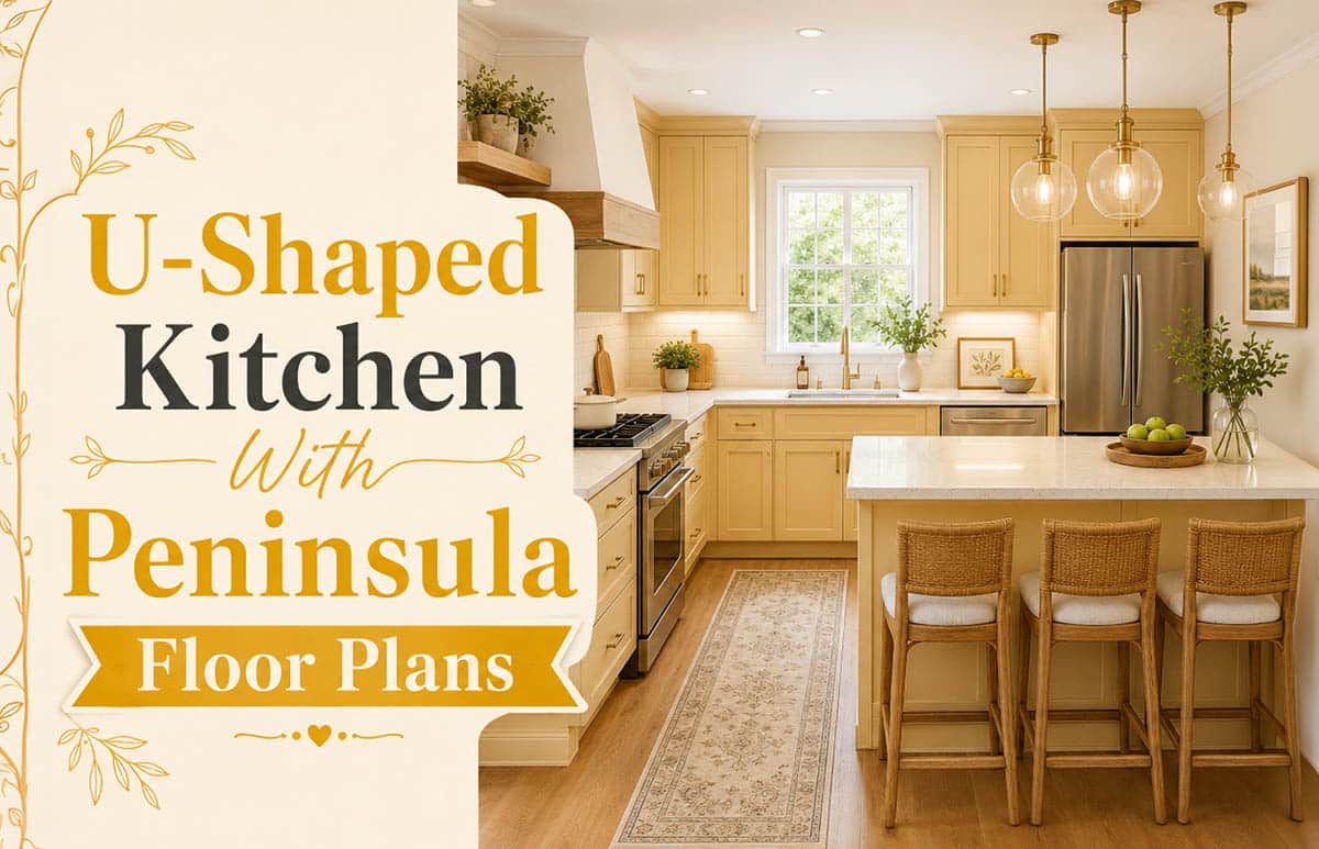 Butter yellow U-shaped kitchen with peninsula seating, gold pendants and garden window