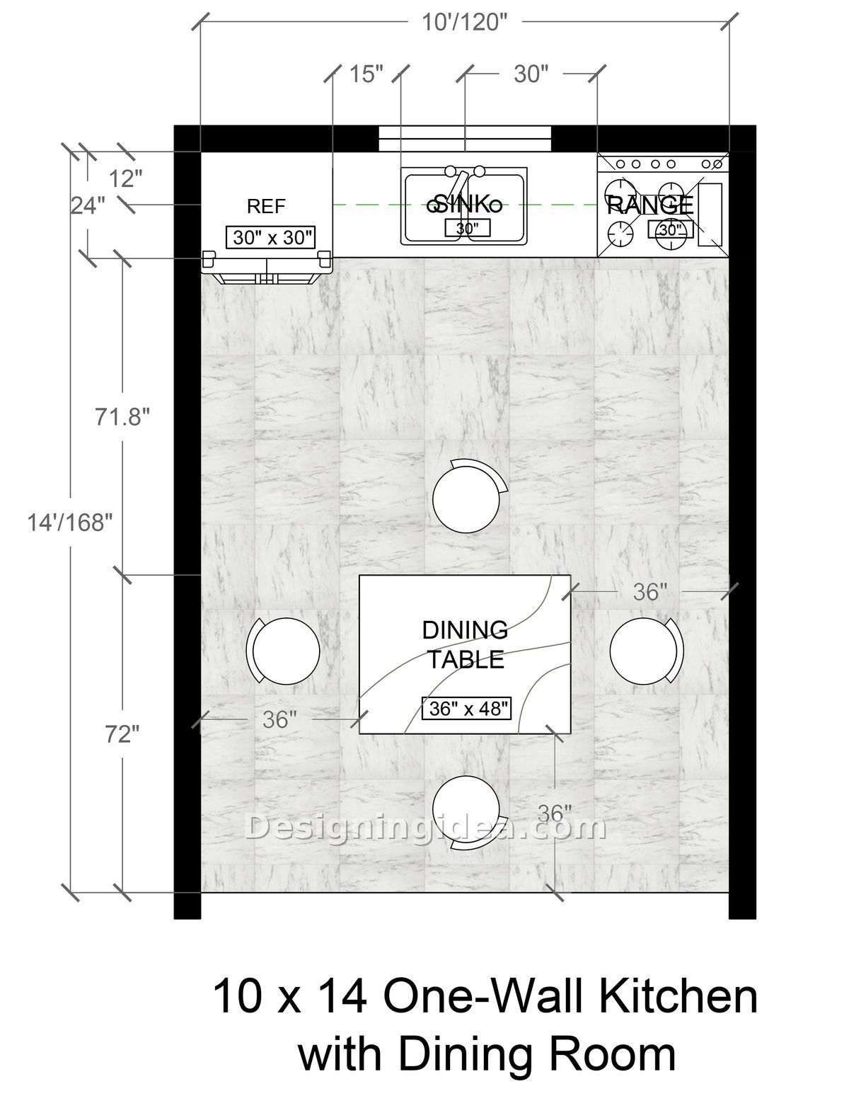 One-wall kitchen floor plan with fridge, sink and range above a four-seat table