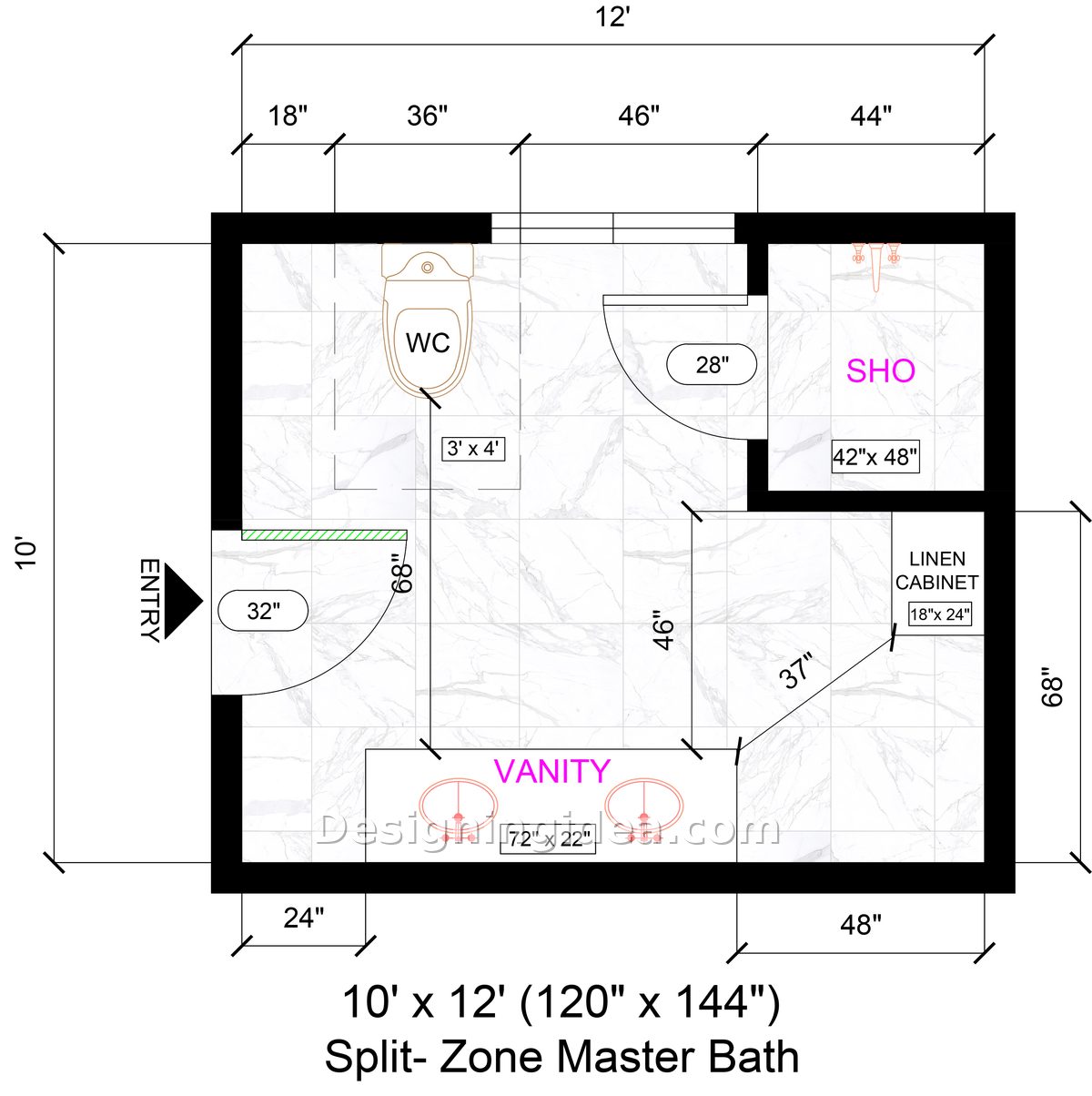 Split zone bath with enclosed corner shower, linen cabinet and open center floor