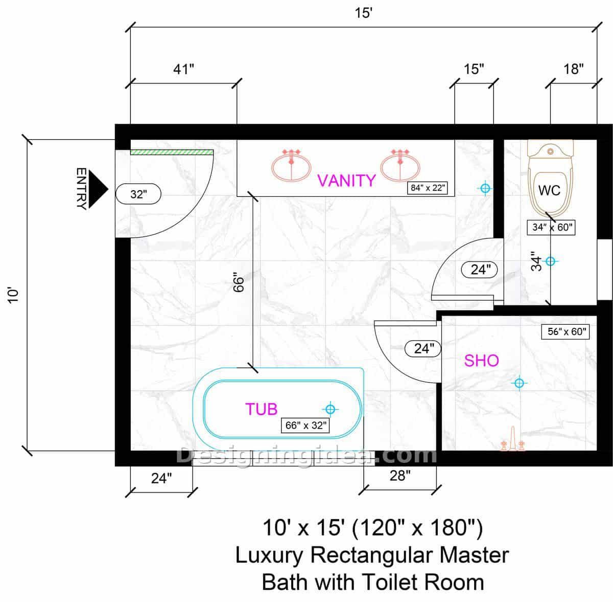 Ten by fifteen plan with double vanity, freestanding tub and private toilet room