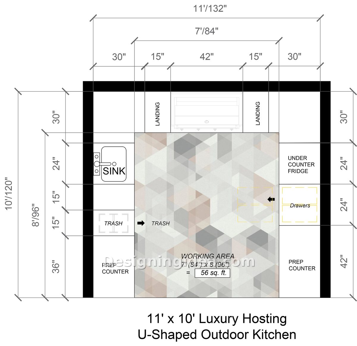Luxury hosting 11 by 10 foot U-shaped outdoor kitchen with dual prep counters
