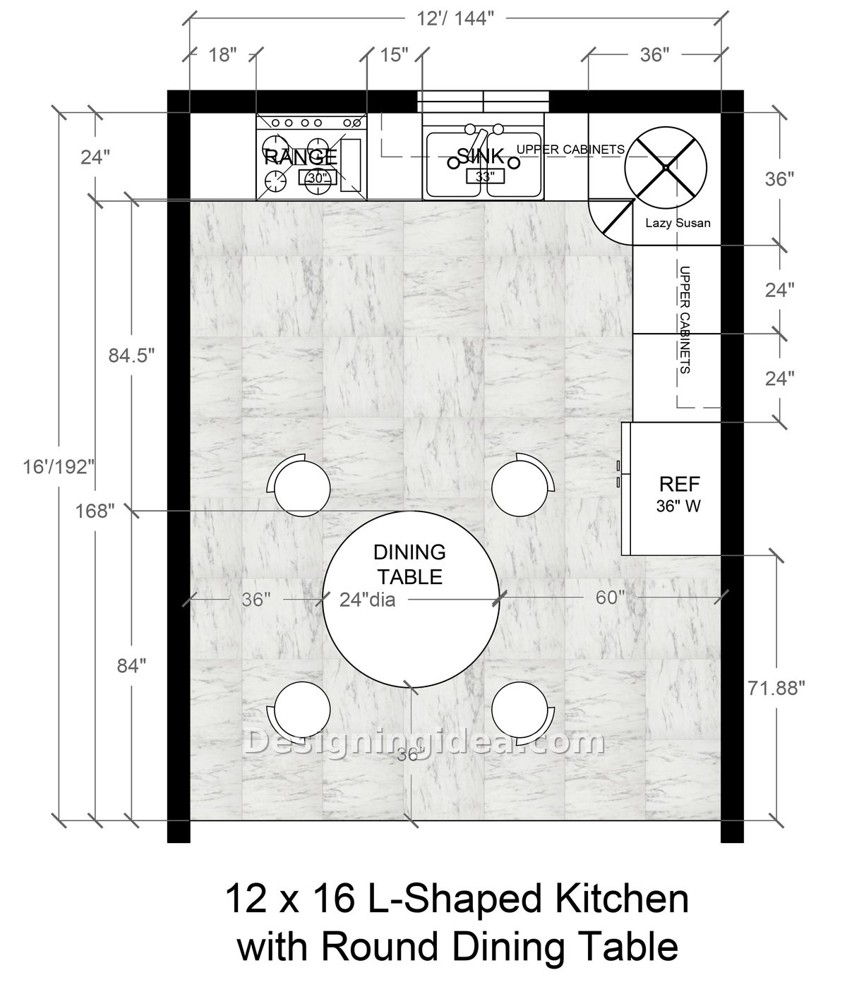 L-shaped kitchen floor plan with corner lazy Susan and a round four-seat table
