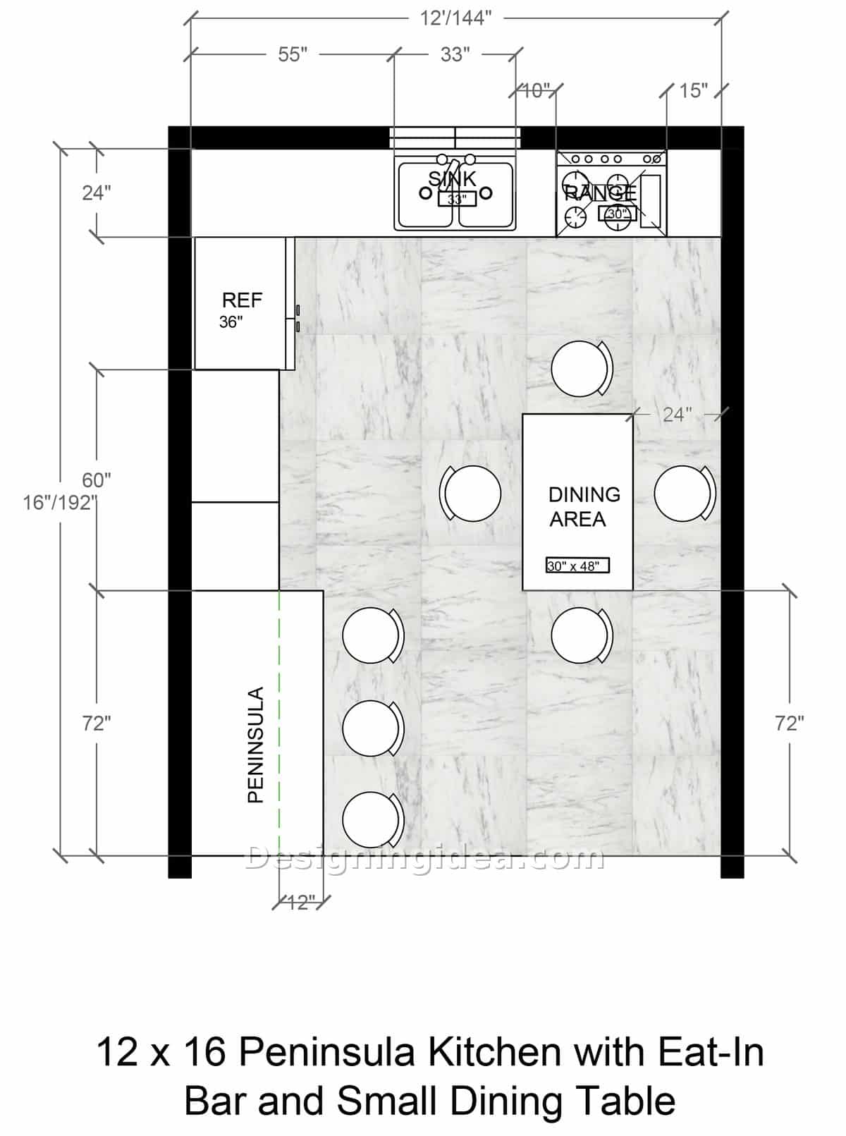 Peninsula kitchen floor plan with three bar stools and a small four-chair table