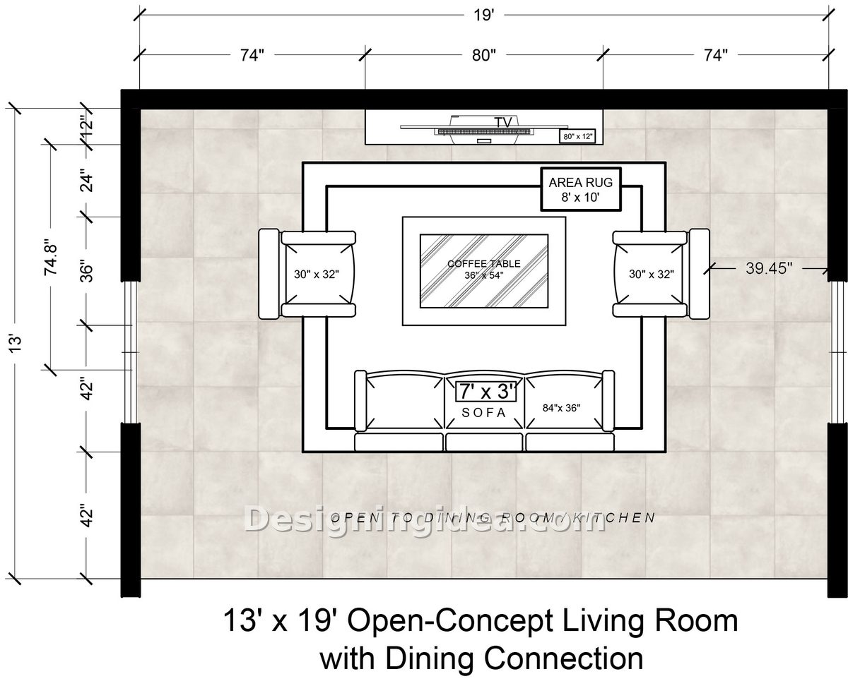 Seating group floated inward with an open edge toward dining and kitchen