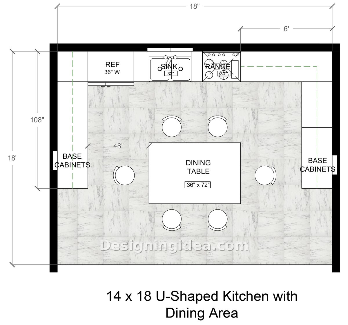 U-shaped kitchen floor plan wrapping a long six-seat dining table on three walls
