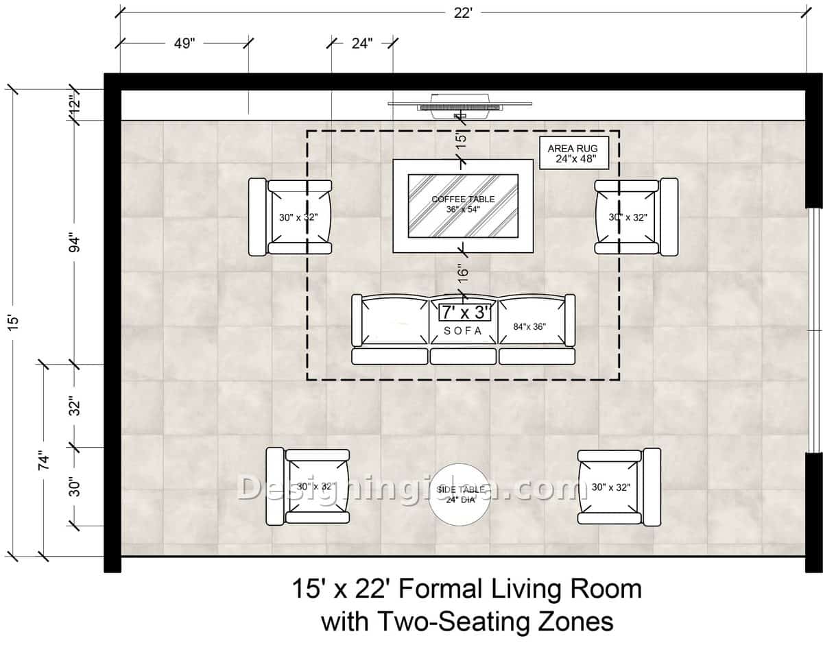 Long room split into a main sofa grouping and smaller paired-chair zone