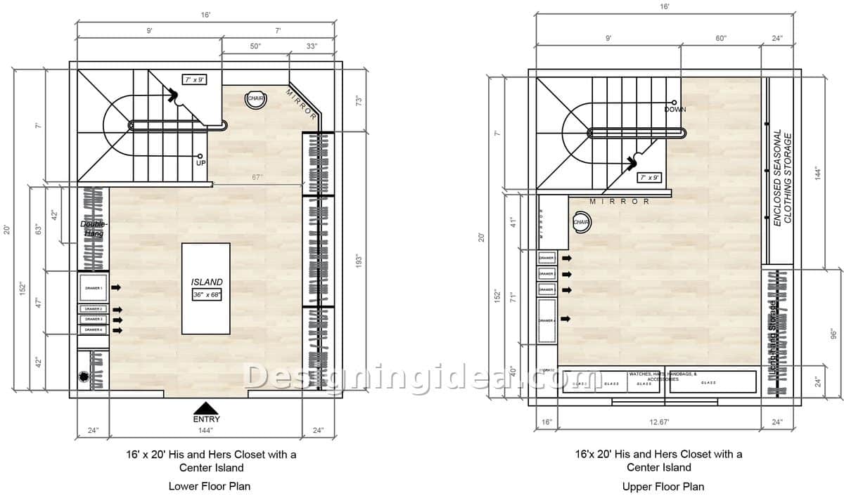Shared closet floor plan showing center island and enclosed seasonal storage upstairs