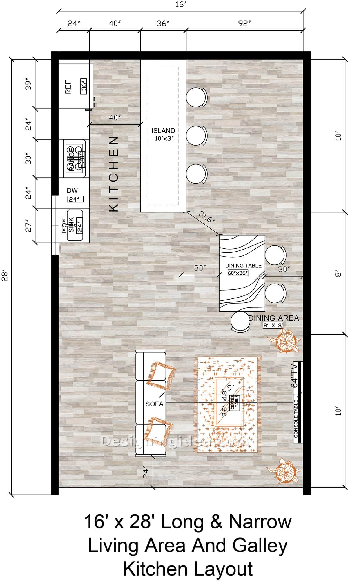Galley kitchen along one wall with long island, dining table and living zone