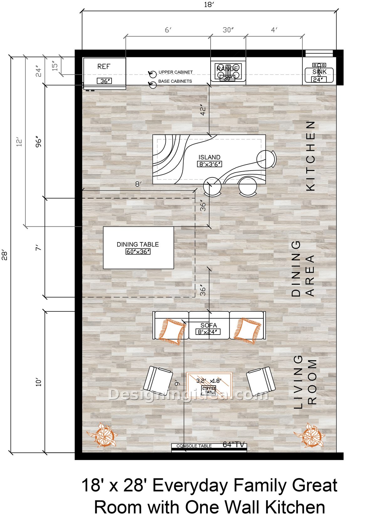 One wall kitchen across the top with island, dining table and sofa below