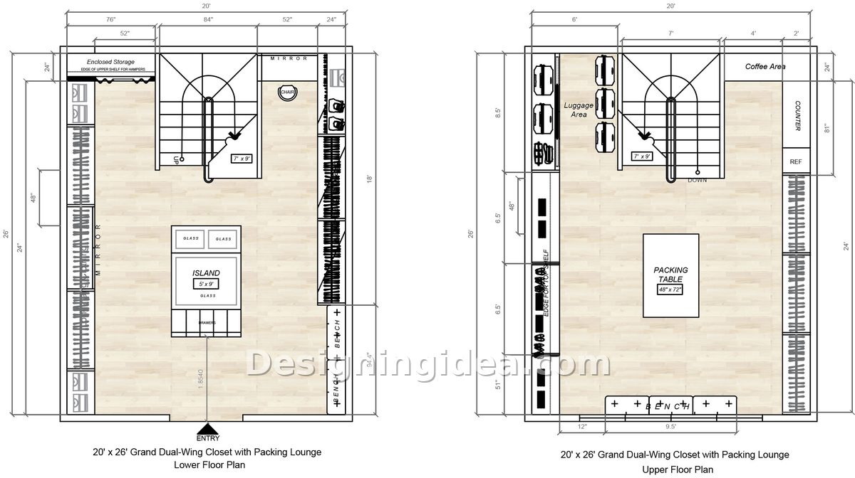 Dual wing closet plan with large island downstairs and packing table above