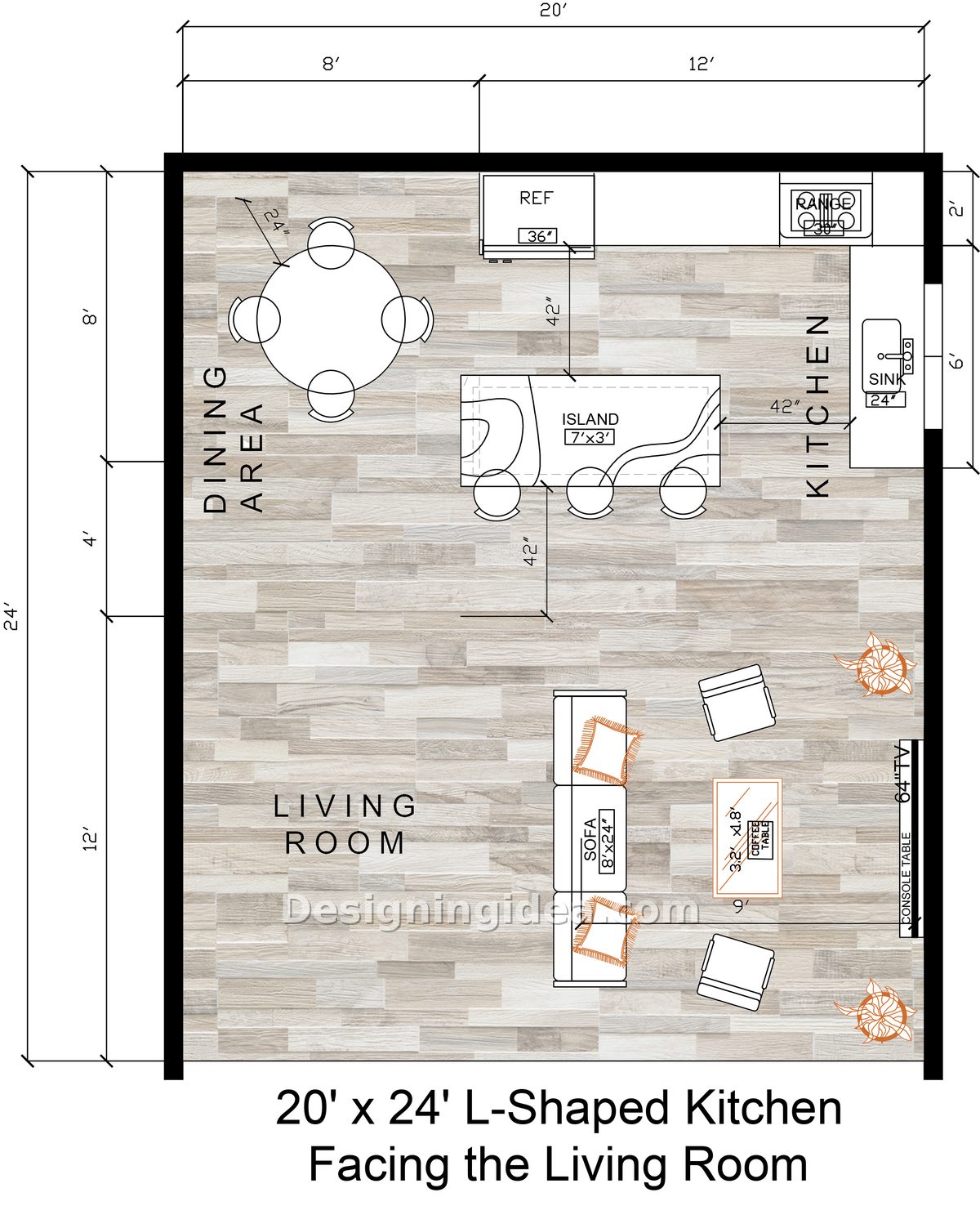 L-shaped counter along the right wall with island opening to the living room