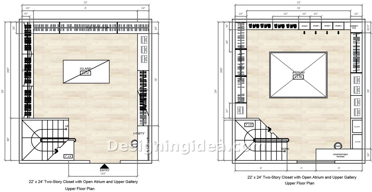 Atrium closet plan with double height opening and gallery walkway above