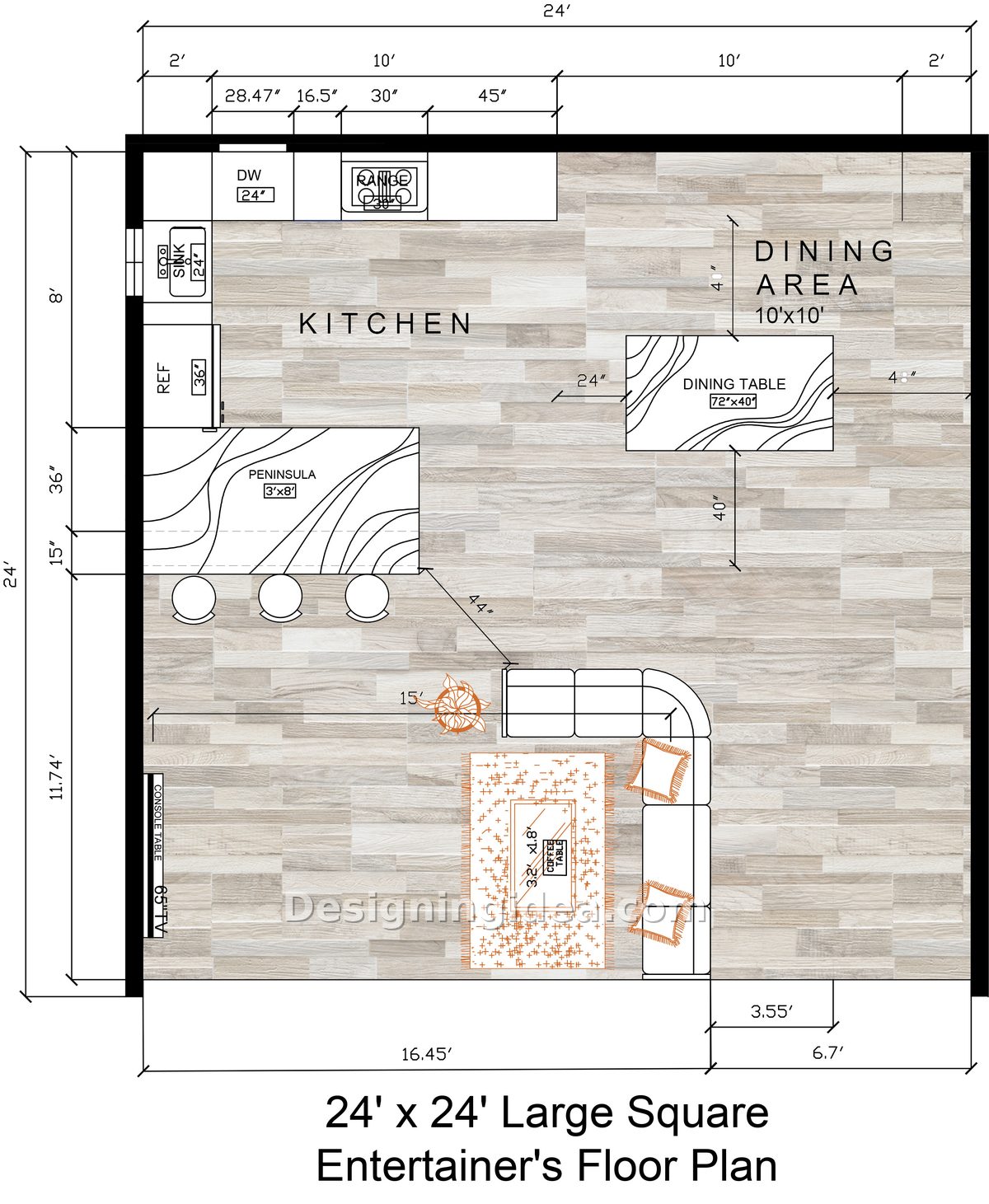 Square plan with peninsula seating, ten foot dining area and wraparound sectional