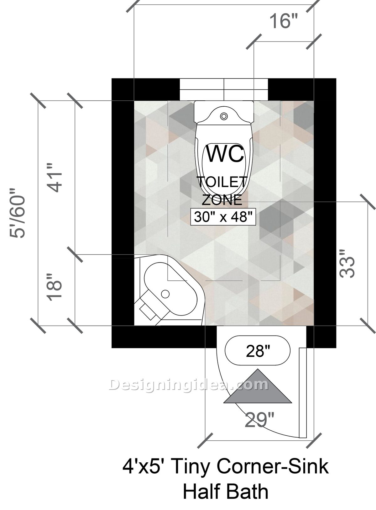 Four by five foot powder room with back wall toilet and corner sink