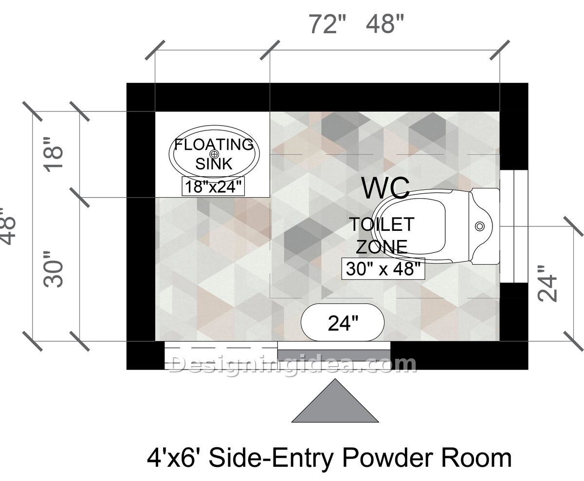 Shallow side entry half bath with floating sink left and toilet on end wall