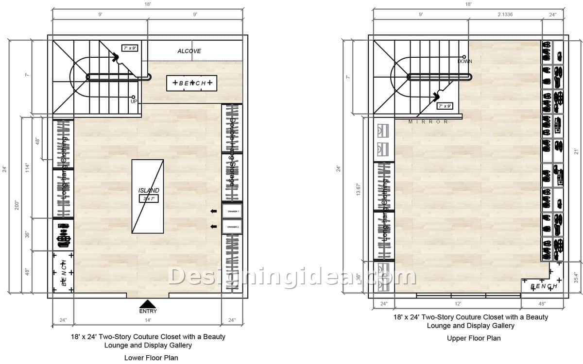 Long couture closet layout with narrow island, bench alcove and upstairs shoe gallery