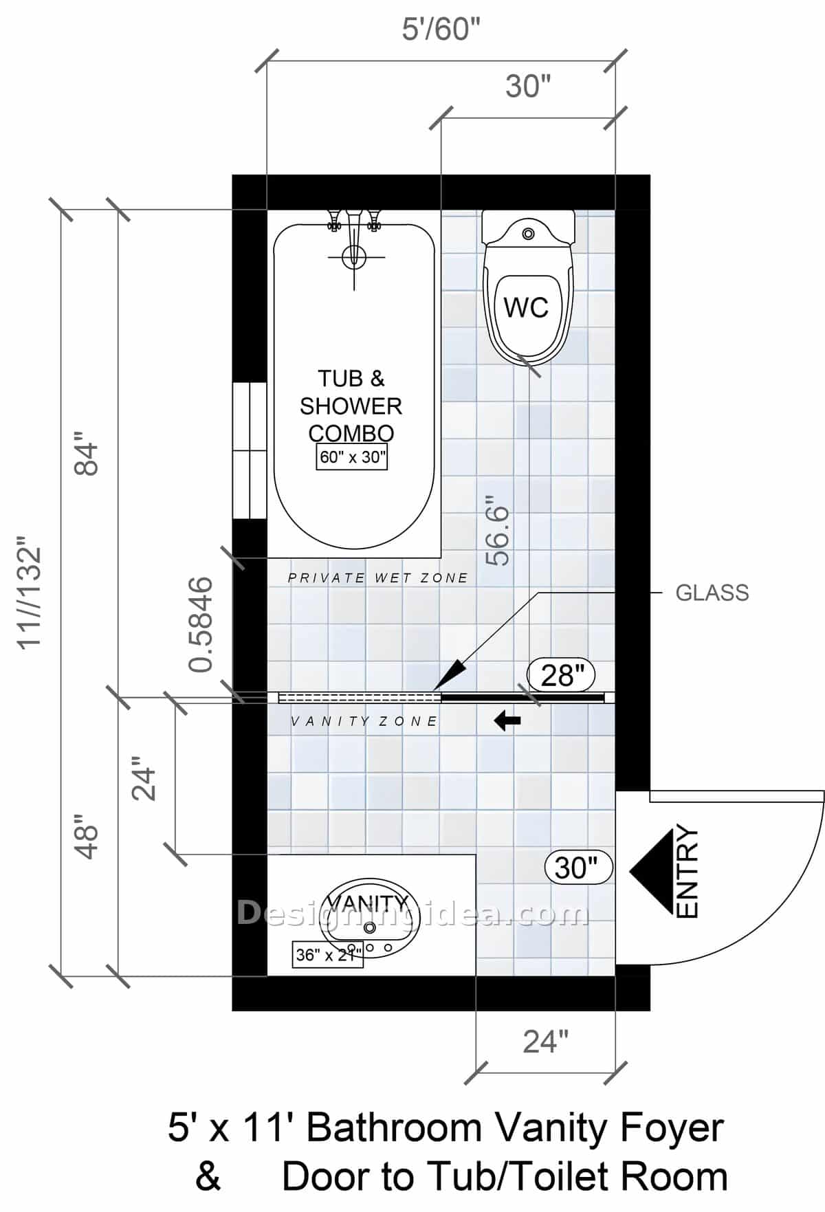 Narrow 5 by 11 bathroom plan with vanity foyer and glass wet zone door