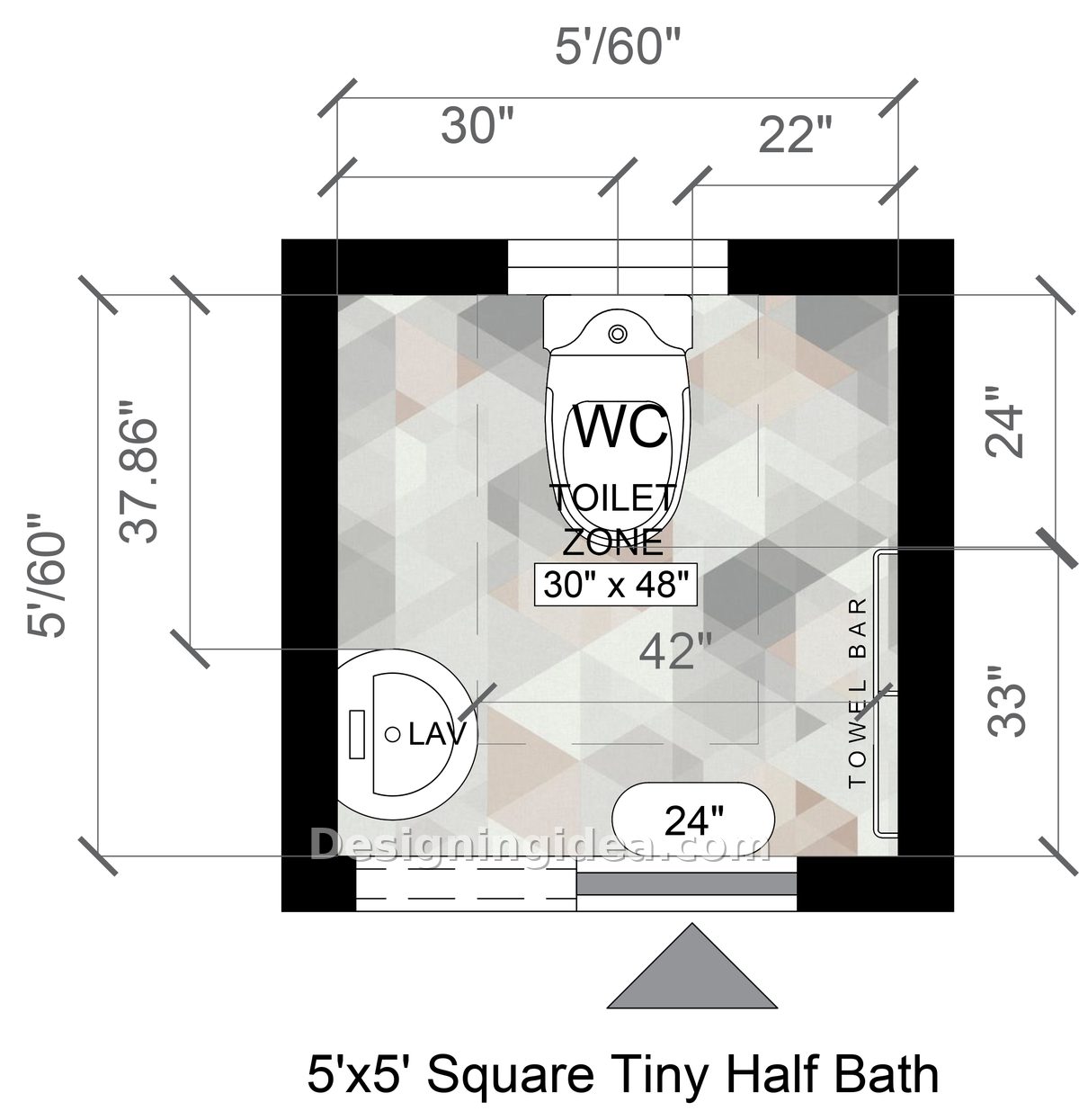 Square half bath plan with round pedestal sink, towel bar and pocket door