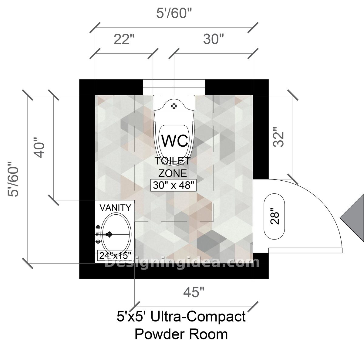 Powder room layout showing small corner vanity and inswing door on the side wall
