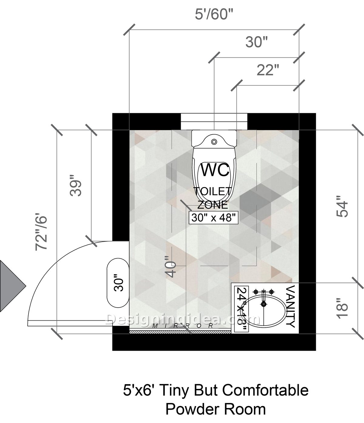 Five by six floor plan with front corner vanity and full width mirror