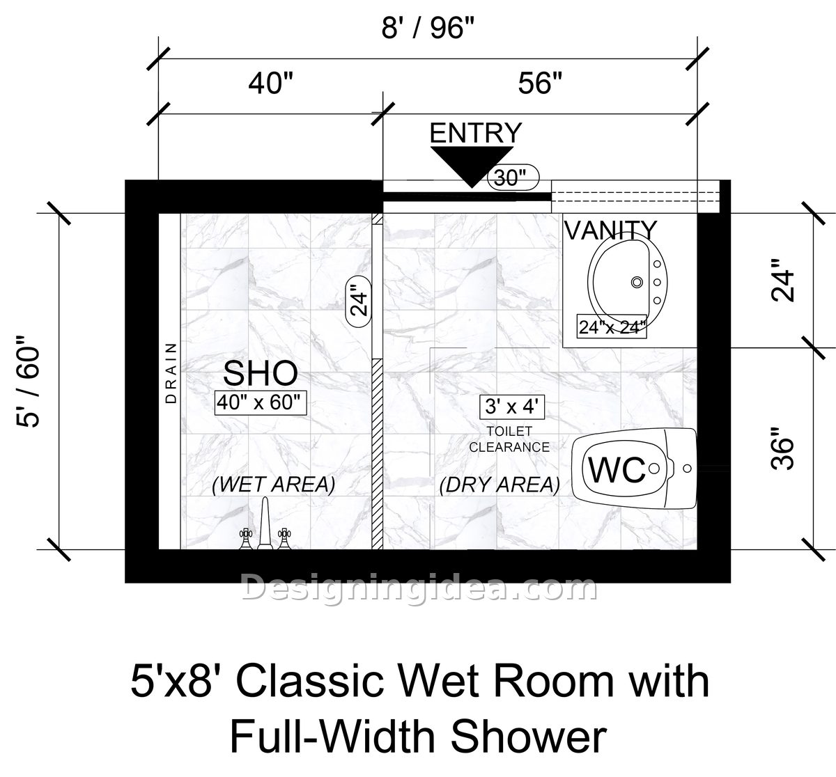 Compact wet room floor plan with full width shower beside vanity and toilet