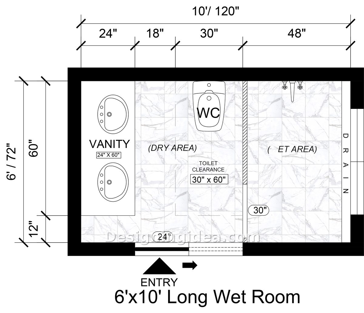 Long narrow bathroom layout with vanity, toilet and shower at the far end