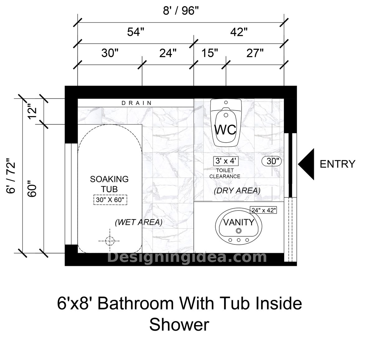 Freestanding soaking tub set inside the open wet zone of a bathroom