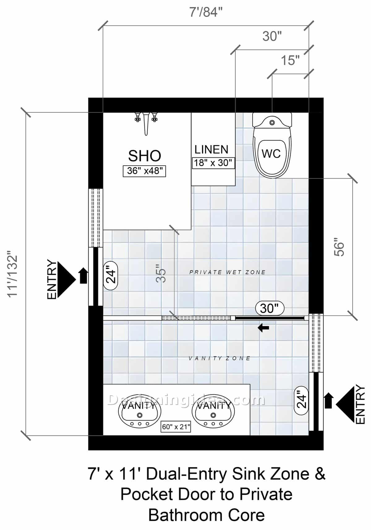 Dual entry 7 by 11 bathroom floor plan with double vanity and linen closet