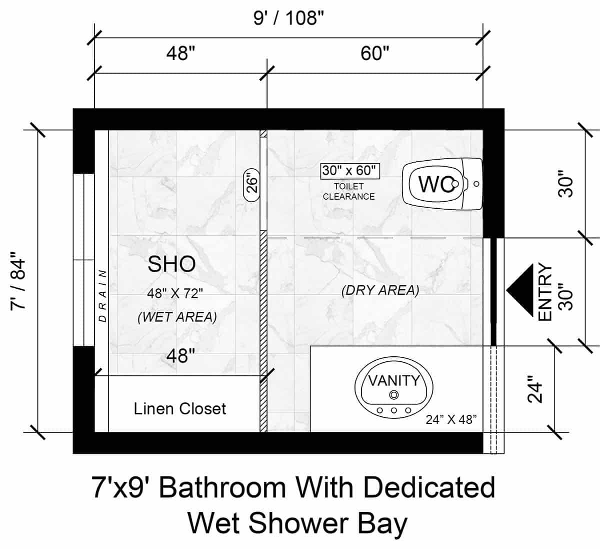 Seven by nine bathroom plan with large tiled shower bay and vanity run