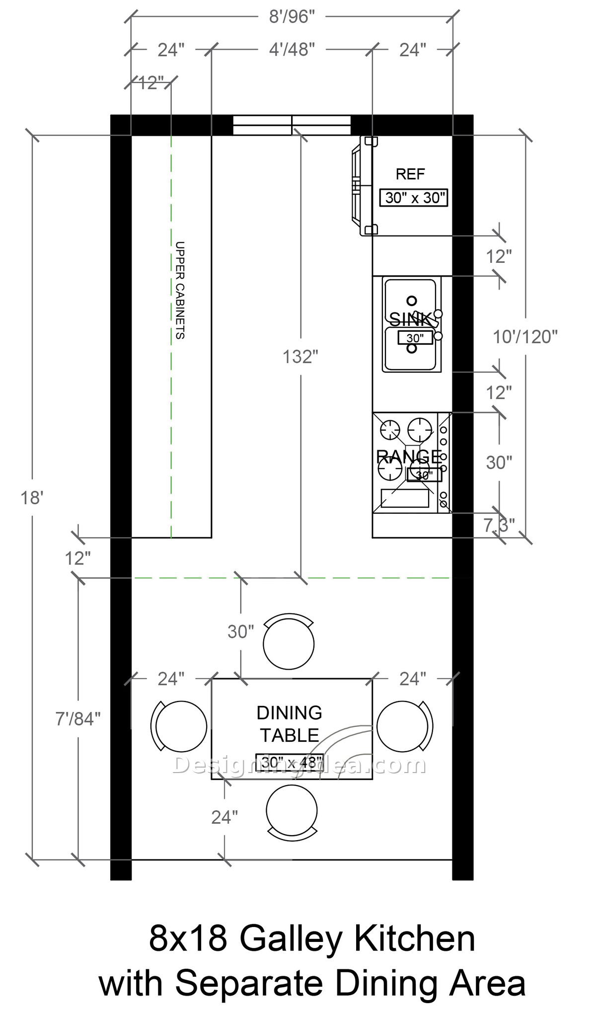 Galley kitchen floor plan with parallel counters and a separate four-seat dining table