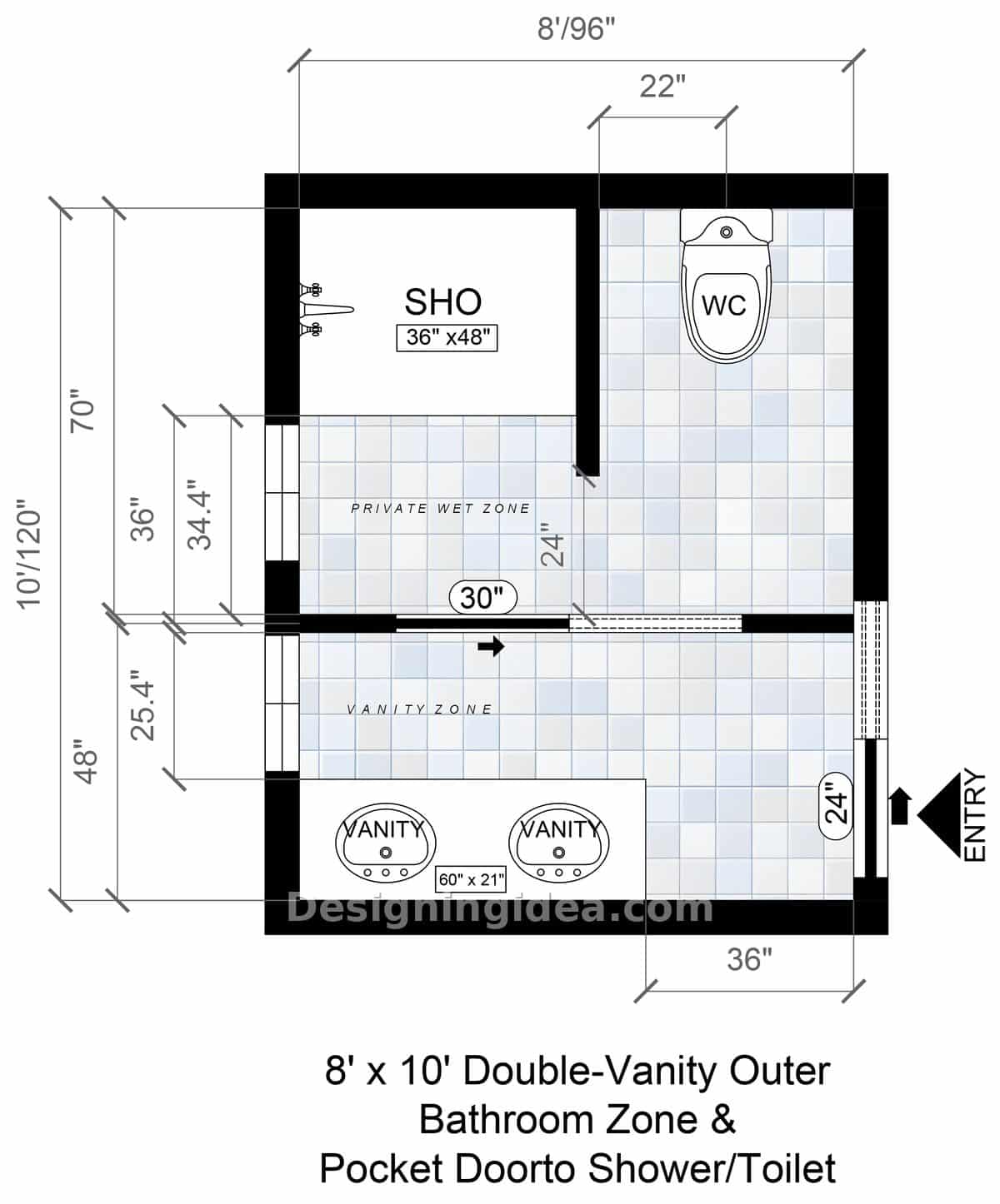 Square 8 by 10 plan splitting vanity zone from shower and toilet wet zone