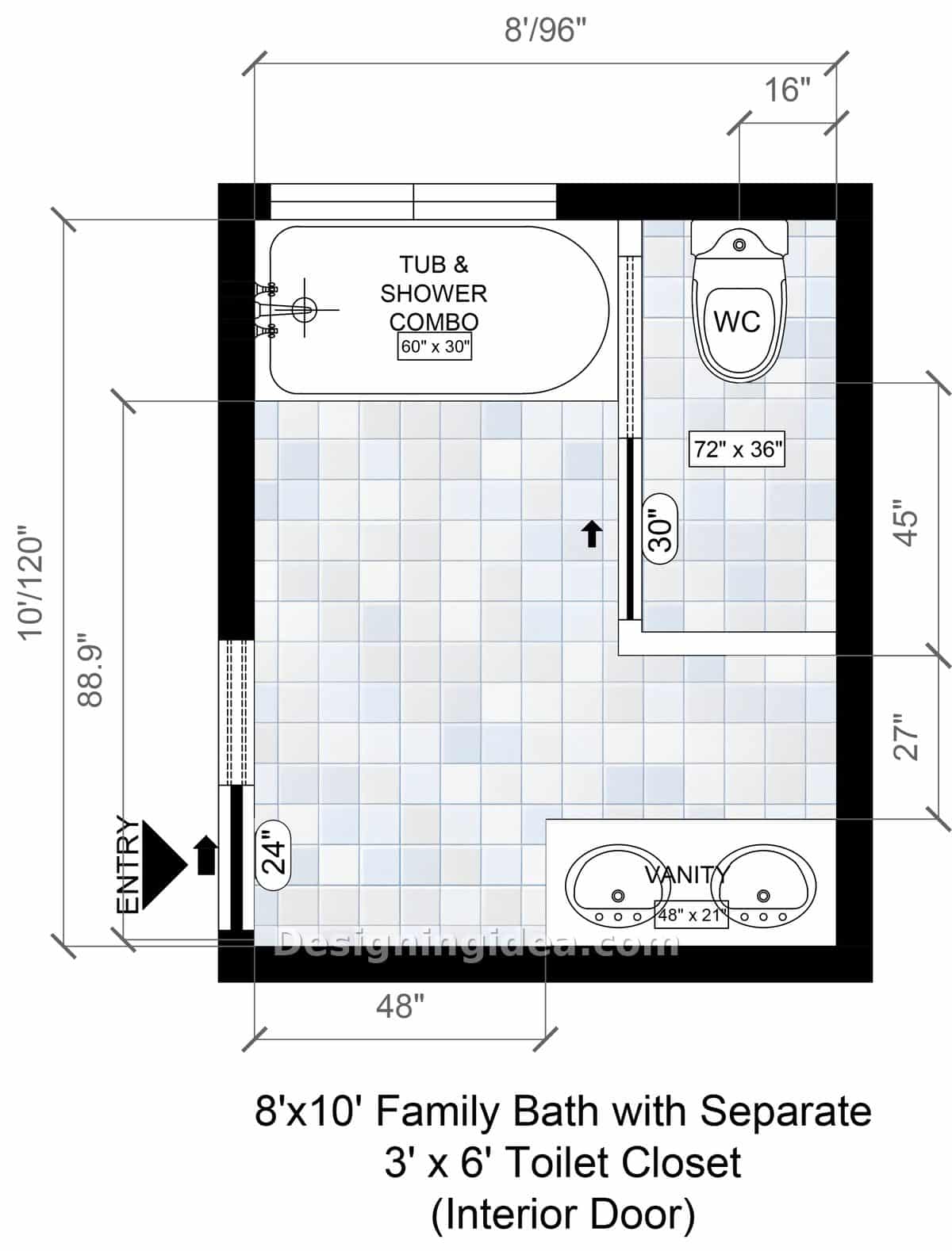 Family bathroom plan with tub shower combo and enclosed three by six toilet closet