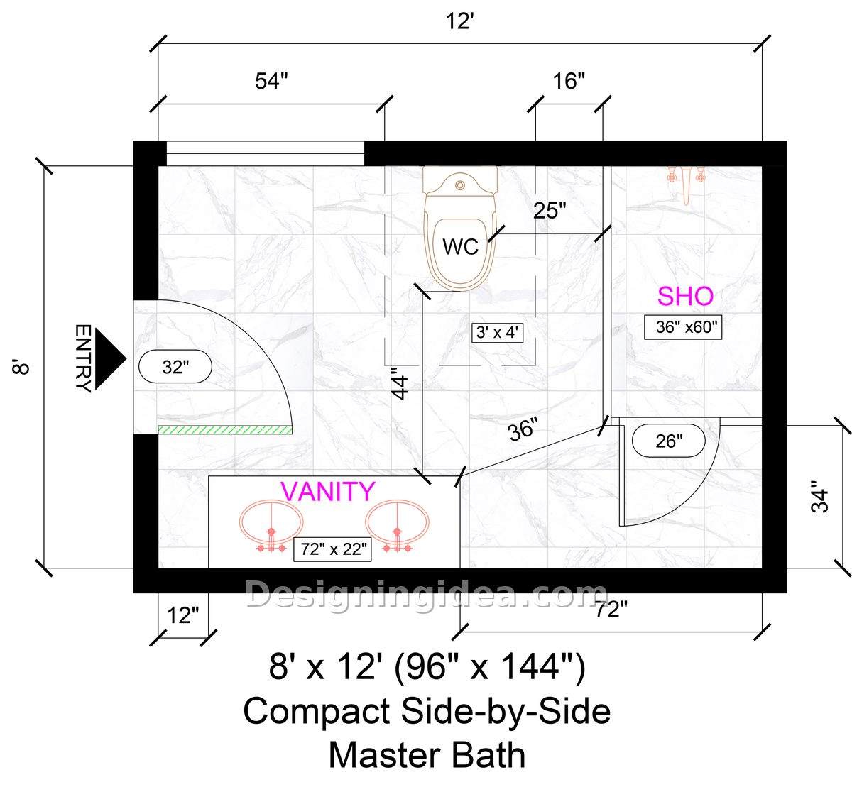 Side by side vanity, toilet alcove and 36 by 60 inch corner shower