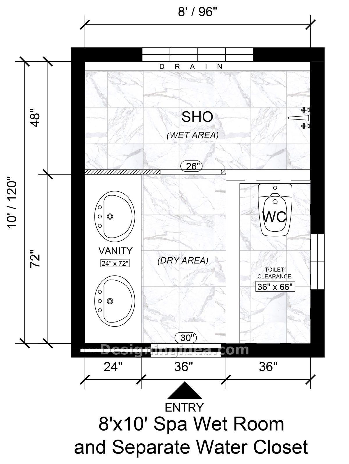 Spa bathroom floor plan with full width wet zone and enclosed water closet