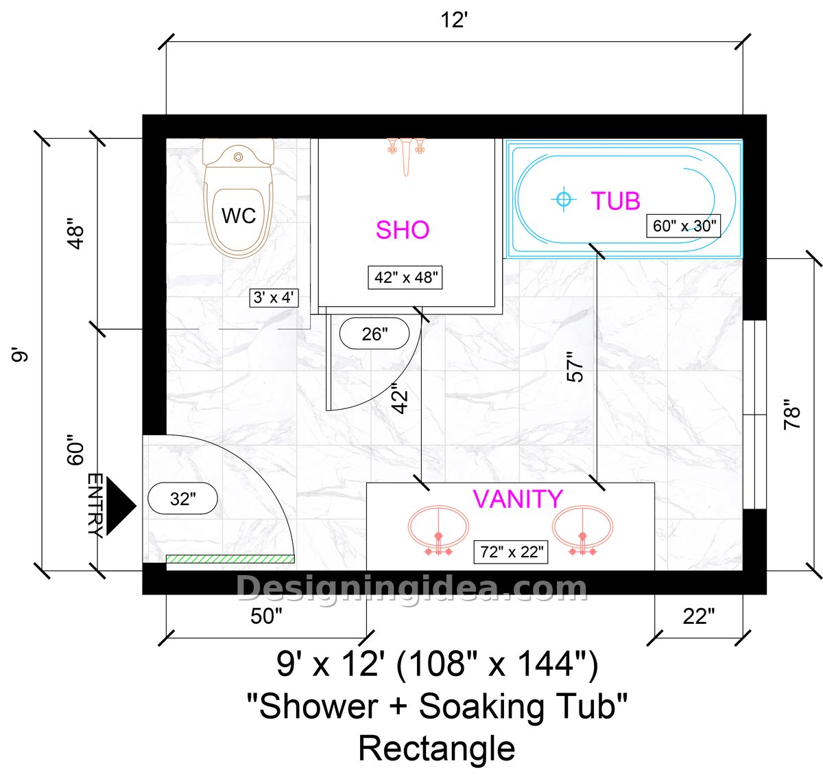 Nine by twelve plan pairing a 42 inch shower with 60 inch soaking tub