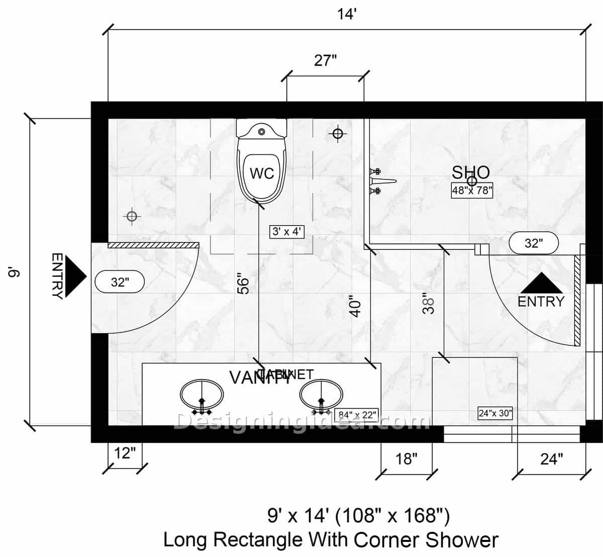 Corner shower in long rectangular bathroom