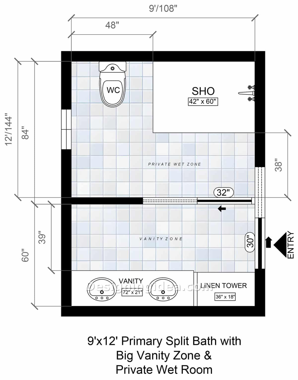 Primary 9 by 12 split bath with 72 inch vanity and private wet room