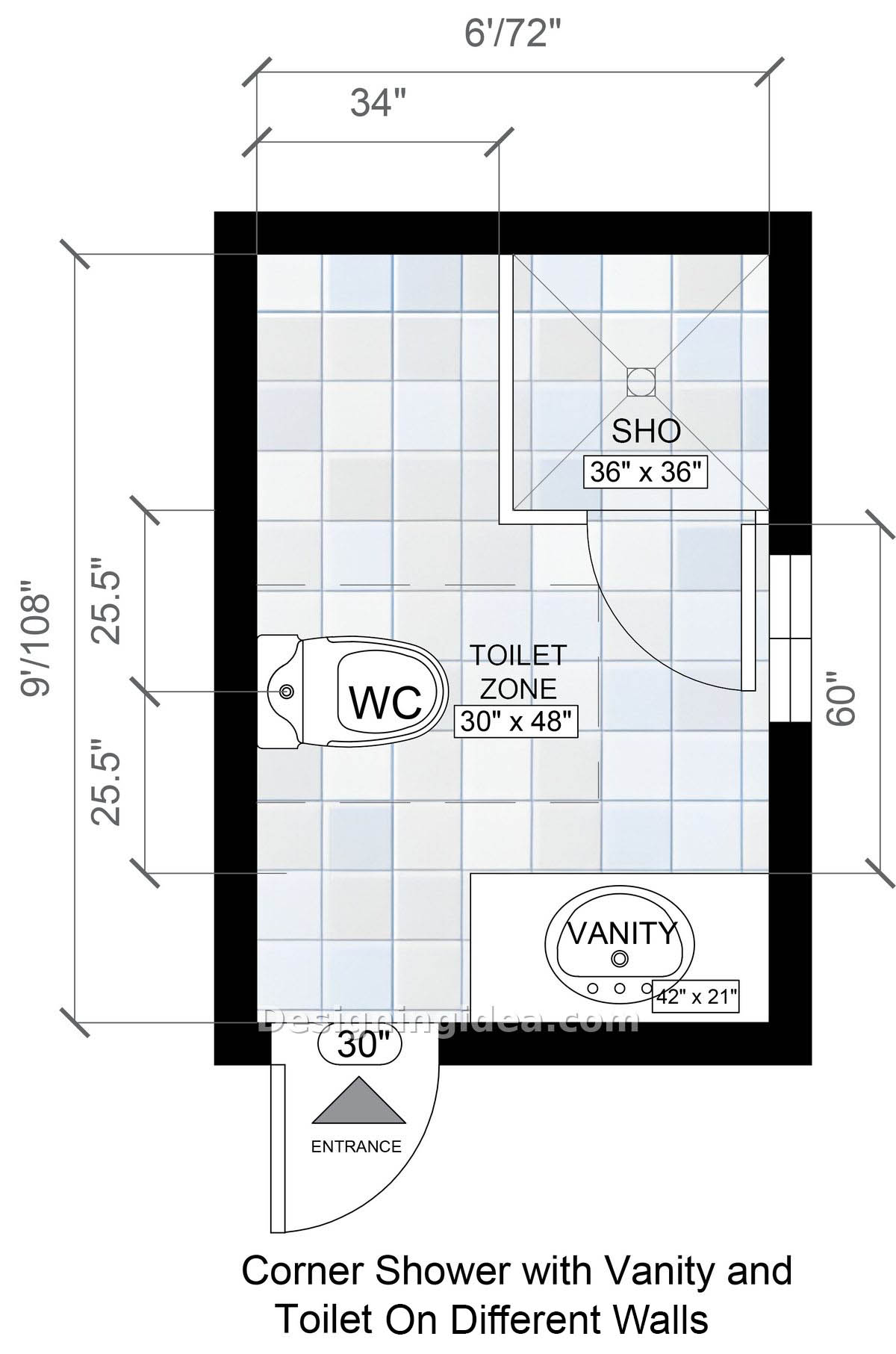 Corner shower with vanity and toilet on different walls
