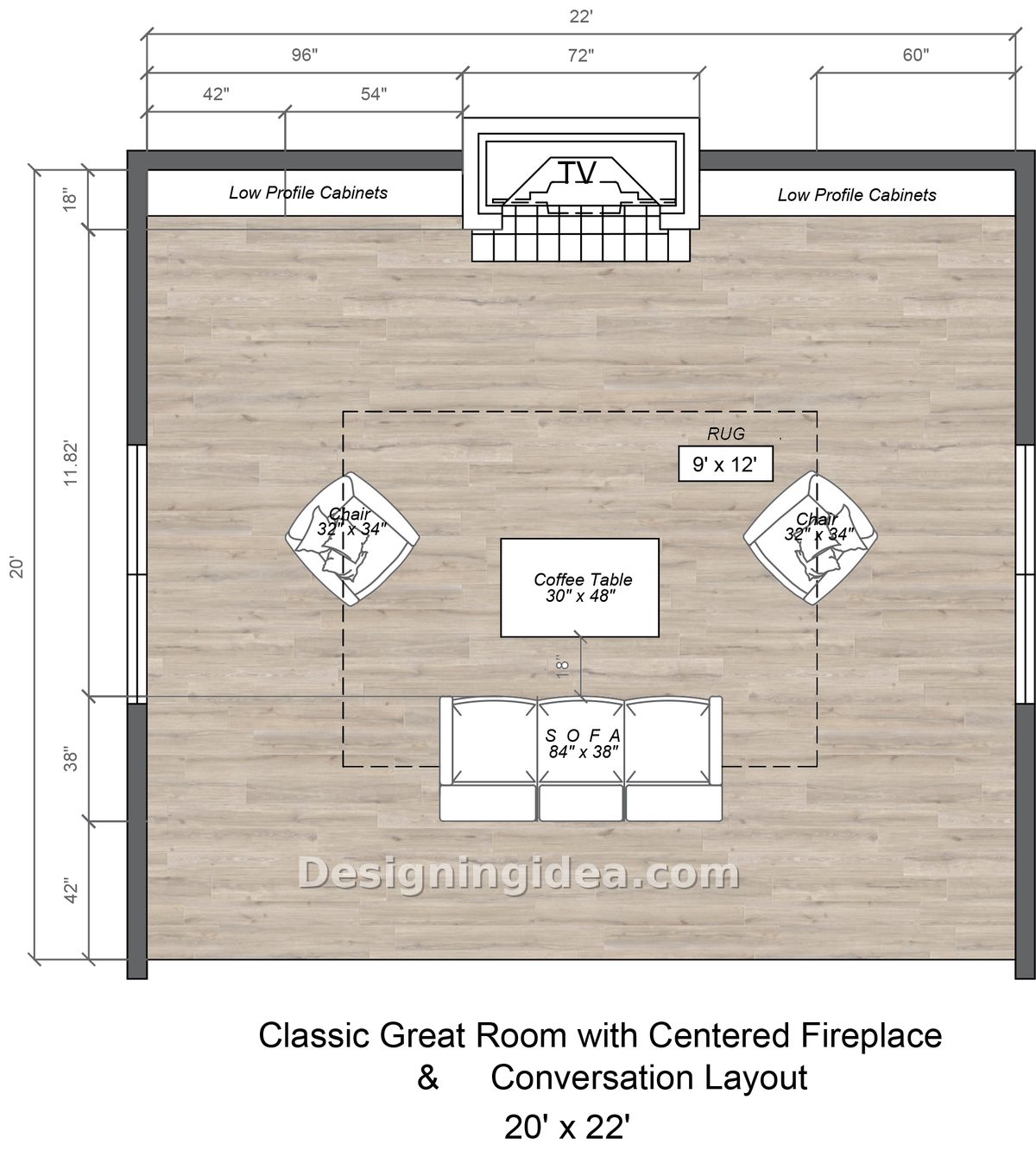 Symmetrical living room plan with 6-foot fireplace flanked by low cabinets