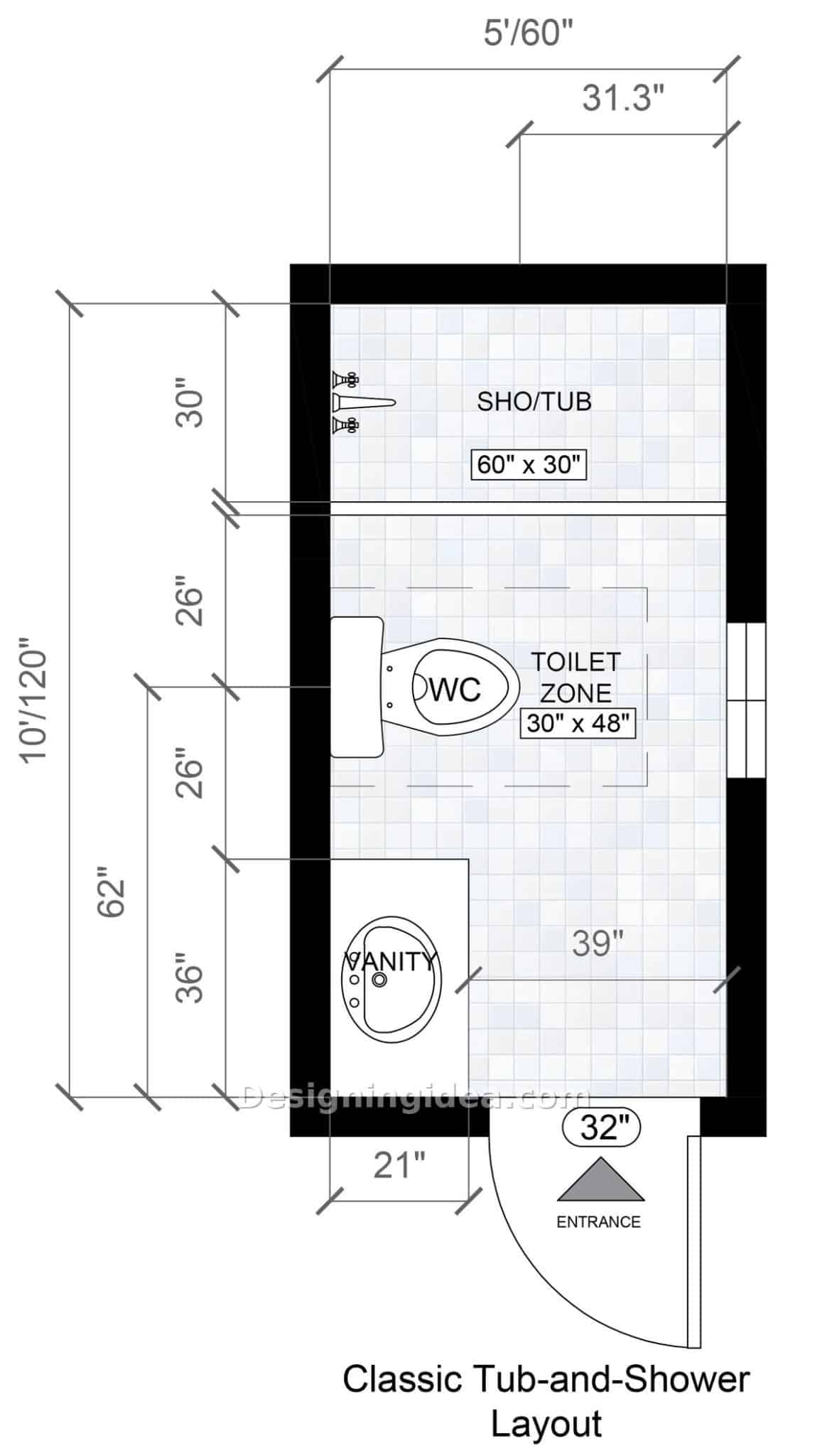 5x10 bathroom layout ideas with tub across the back wall toilet centered and vanity beside the door