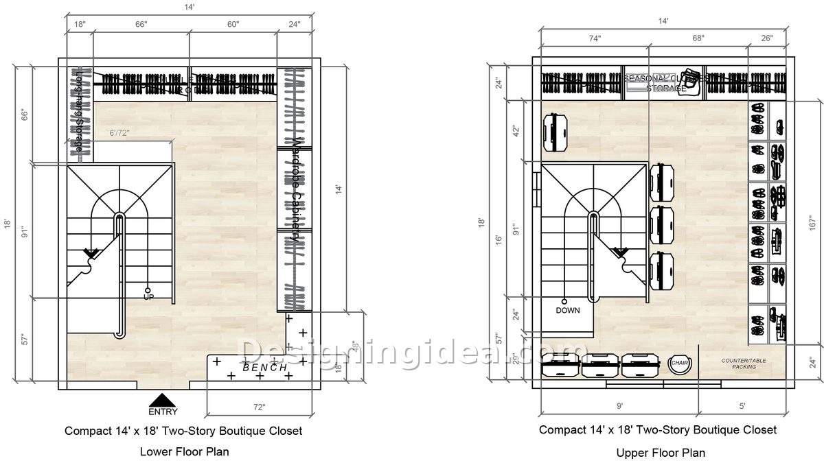 Compact boutique closet plan with corner stair and long shoe wall
