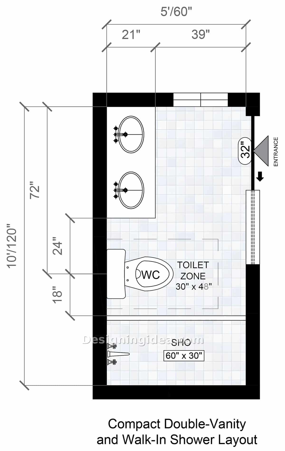 5x10 bathroom layout ideas with double vanity along the side wall and walk-in shower at the far end