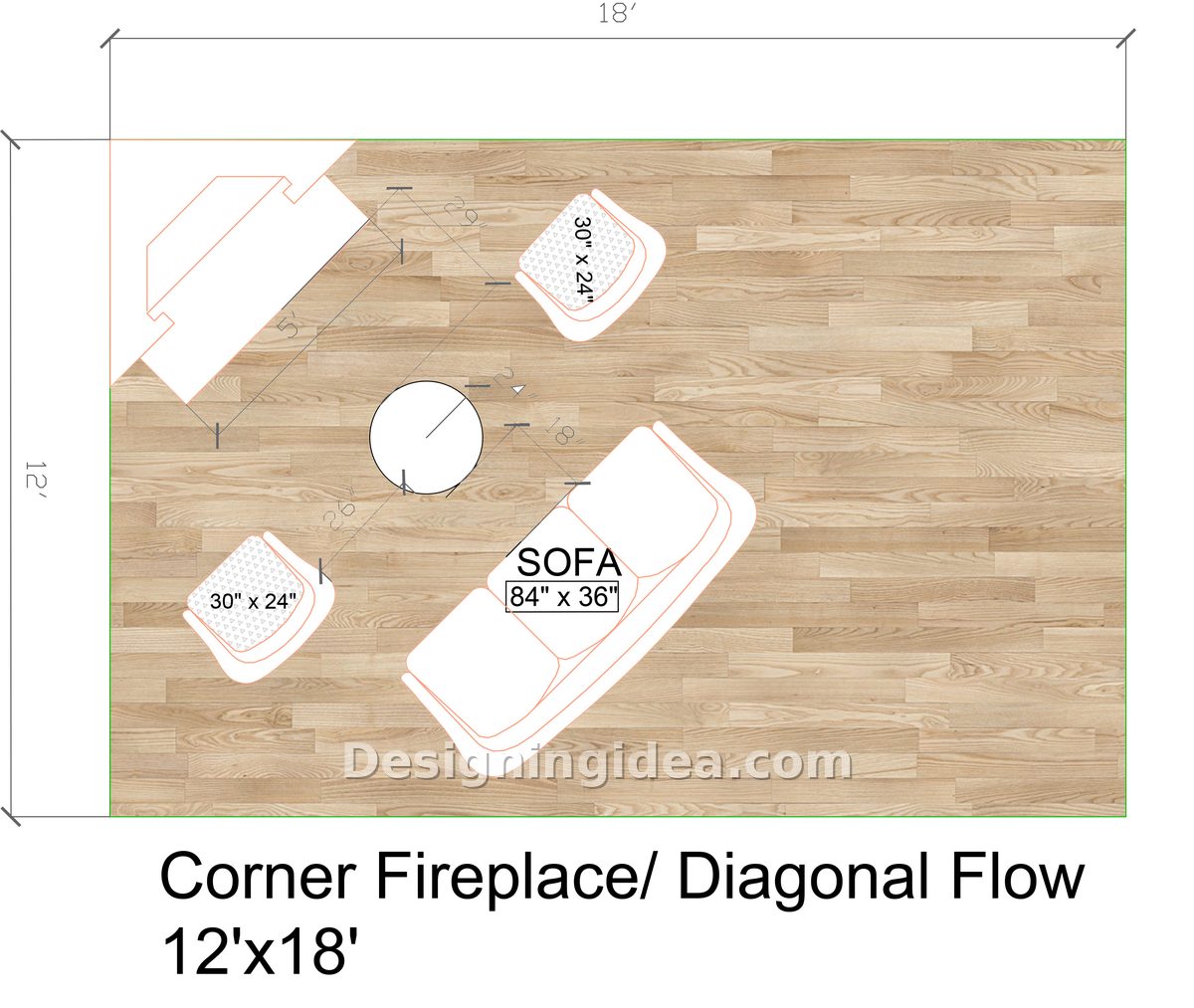 Sofa angled diagonally toward a corner fireplace with two lounge chairs facing in