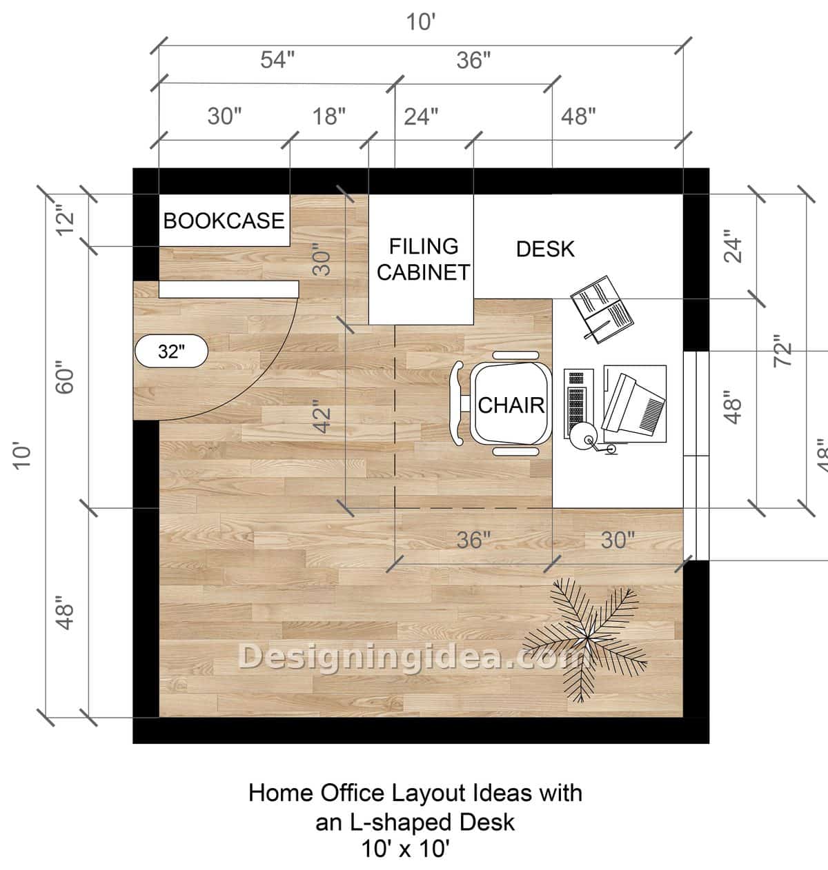 Small square office plan with corner desk, bookcase and filing cabinet