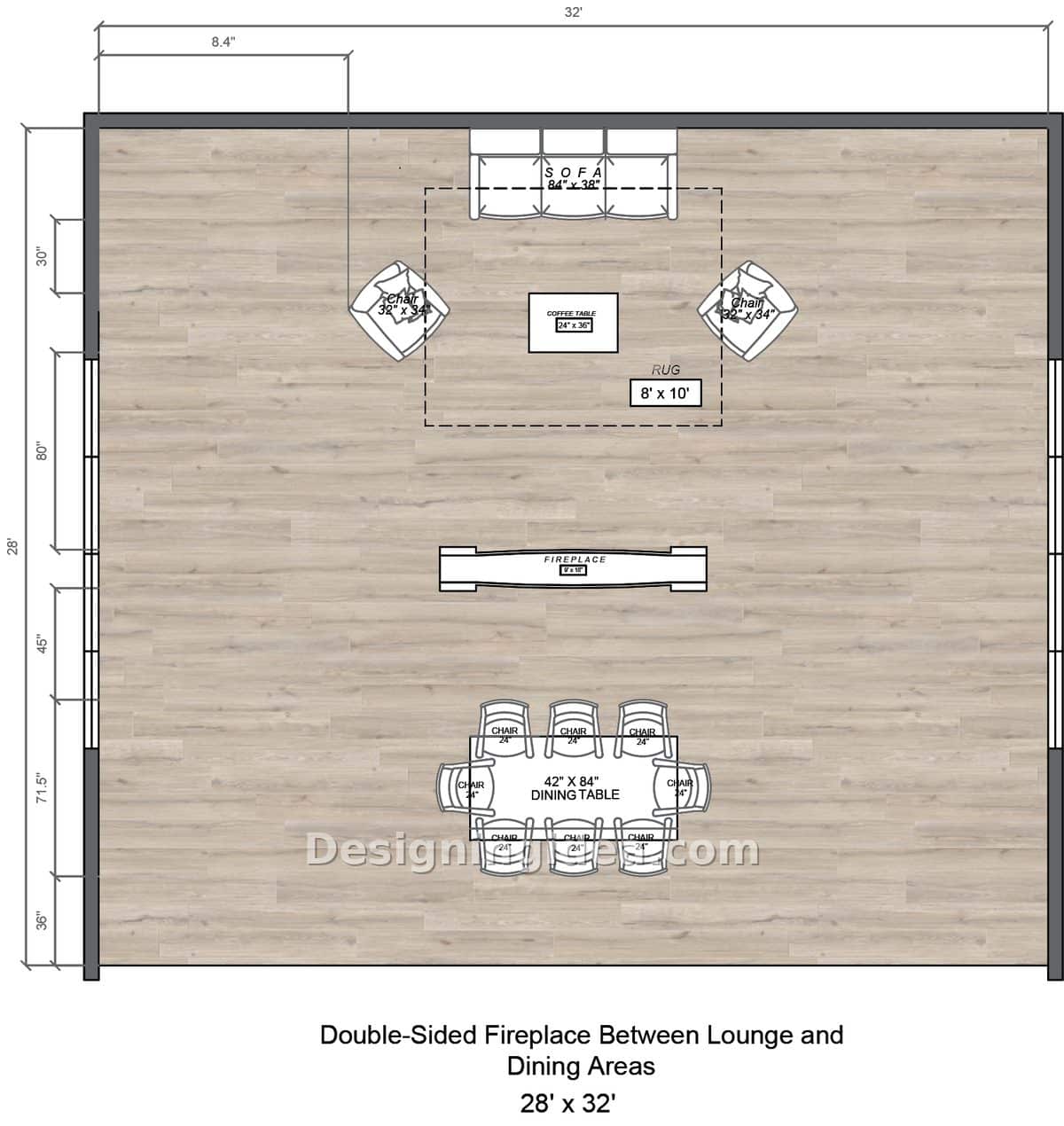 Large great room divided by a freestanding double-sided fireplace between sofa and dining table