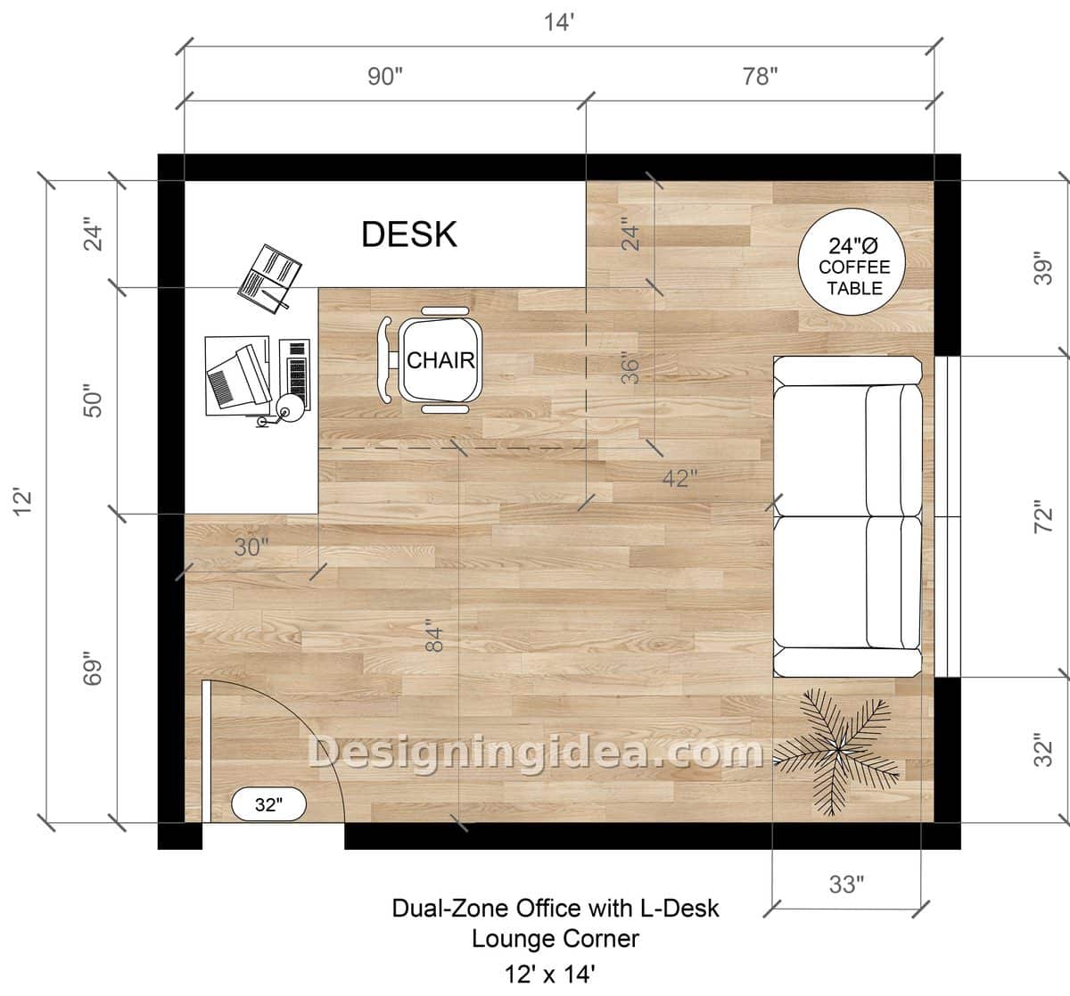 Large office floor plan pairing L-shaped desk with sofa and coffee table