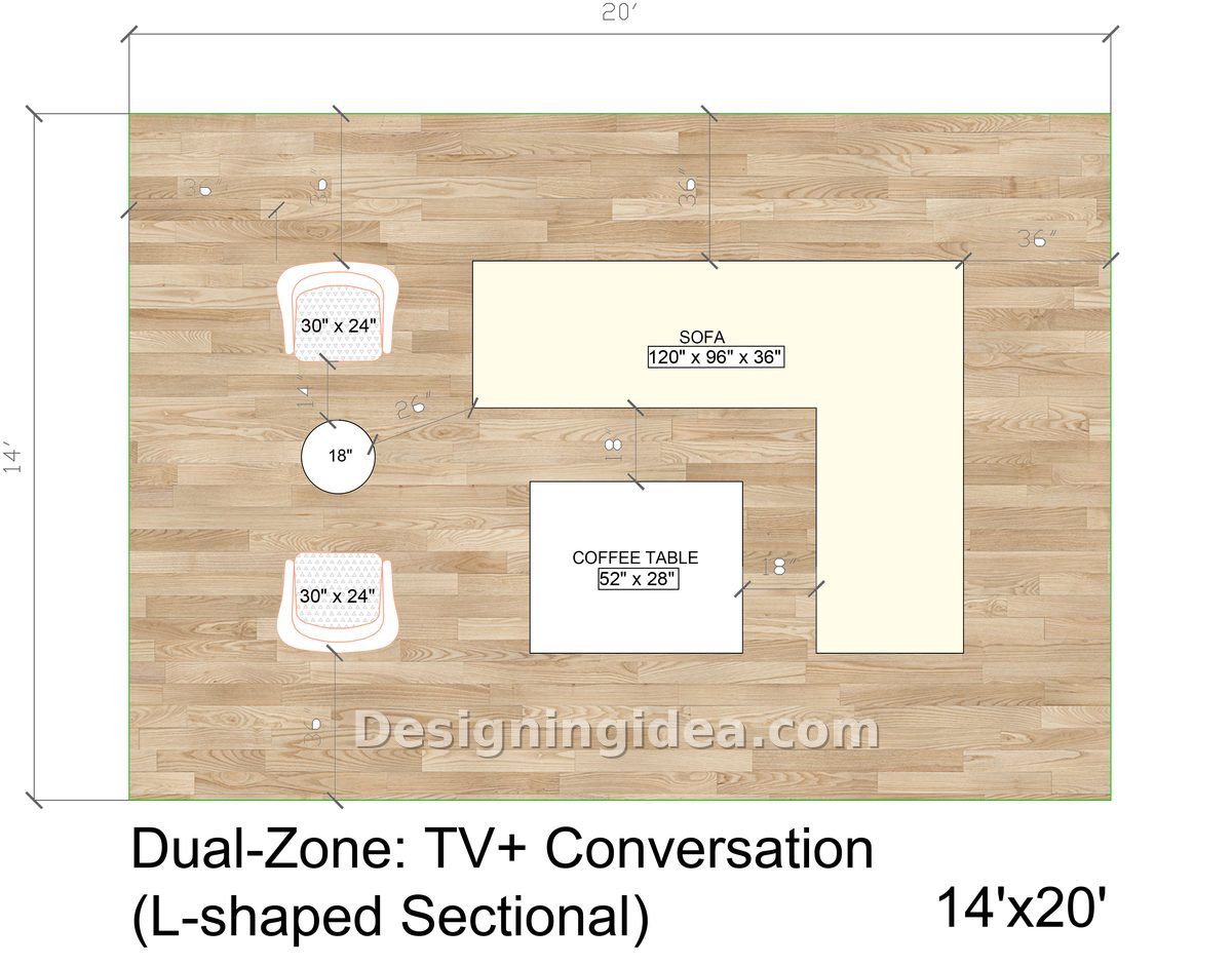 L shaped sectional facing a television with two chairs forming a second zone
