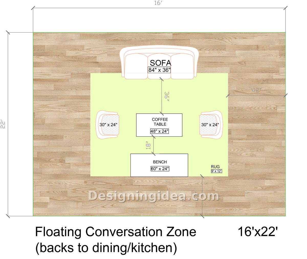 Floating sofa backed to the dining side anchoring a rug bench and chairs